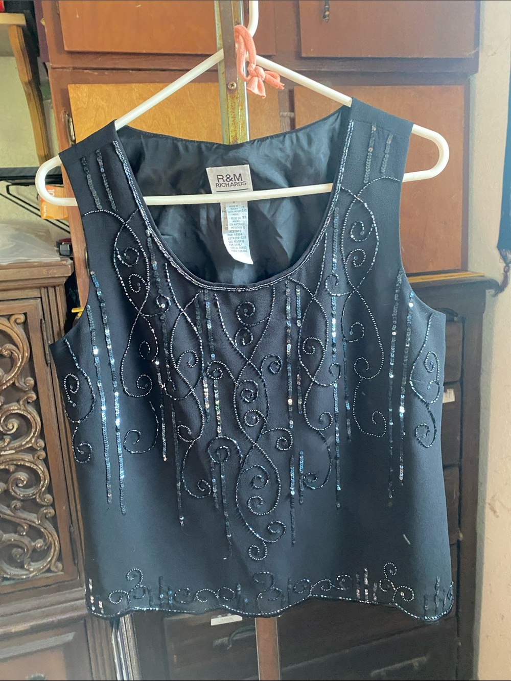 Women R&M Richards Black Beaded Sequin Sleeveless Top